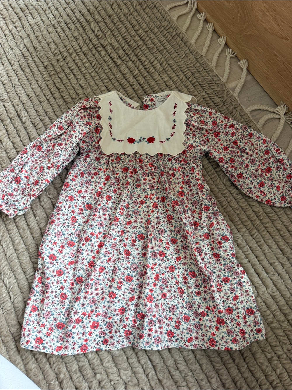 Girls Floral Smocked Bib Dress - Red White